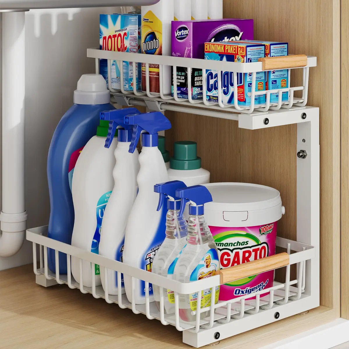 Hahaemall White Under Sink Organizer Storage | 2-Tier Metal Rack for Kitchen & Bathroom - main product image