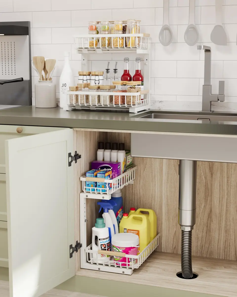 Hahaemall White Under Sink Organizer Storage | 2-Tier Metal Rack for Kitchen & Bathroom - view 2