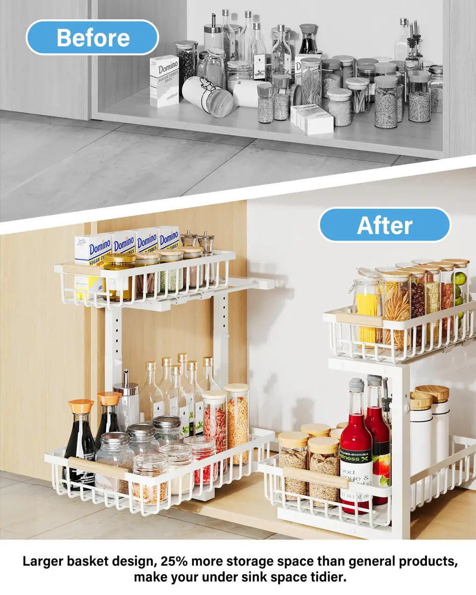Hahaemall White Under Sink Organizer Storage | 2-Tier Metal Rack for Kitchen & Bathroom - view 3