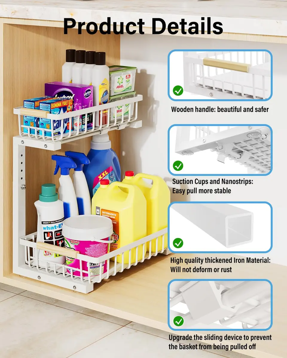 Hahaemall White Under Sink Organizer Storage | 2-Tier Metal Rack for Kitchen & Bathroom - view 4