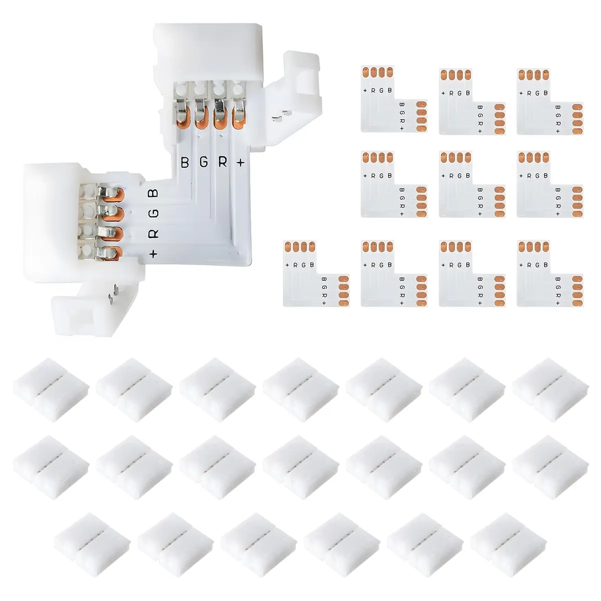 JACKYLED L Shape 8mm 4-Pin LED Strip Connectors 32pcs | Unwired Solderless Connectors for 8mm Wide 4-Pin LED Strips - main product image