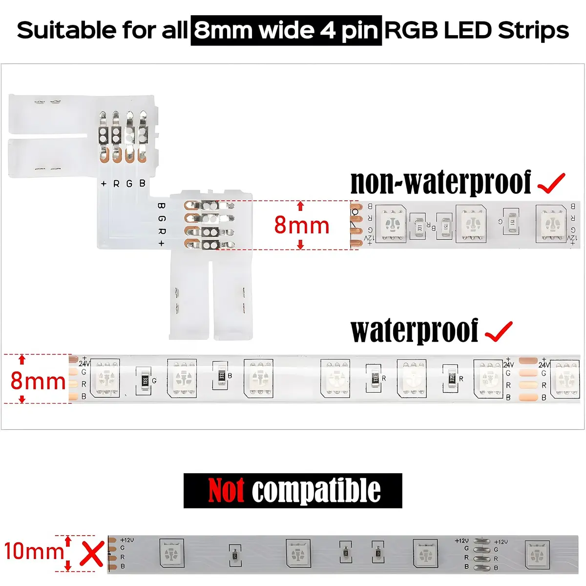 JACKYLED L Shape 8mm 4-Pin LED Strip Connectors 32pcs | Unwired Solderless Connectors for 8mm Wide 4-Pin LED Strips - view 3