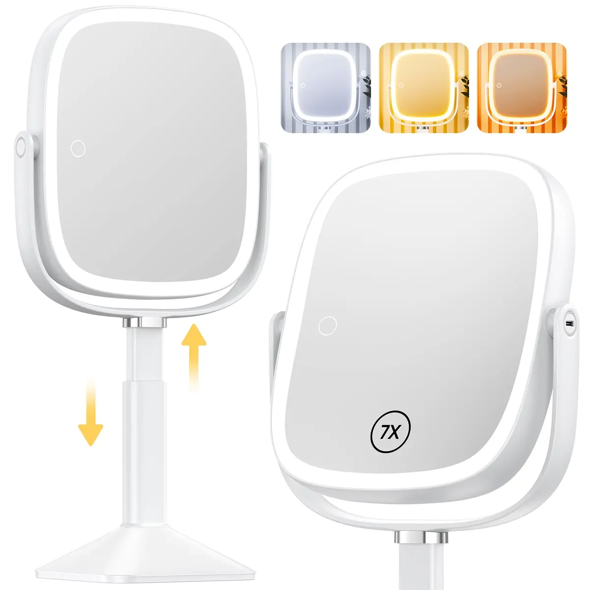 Gospire Rectangle Lighted Makeup Mirror with Lights 8.5"x7.4" | 1X/7X Magnification, Adjustable Height, Rechargeable - main product image