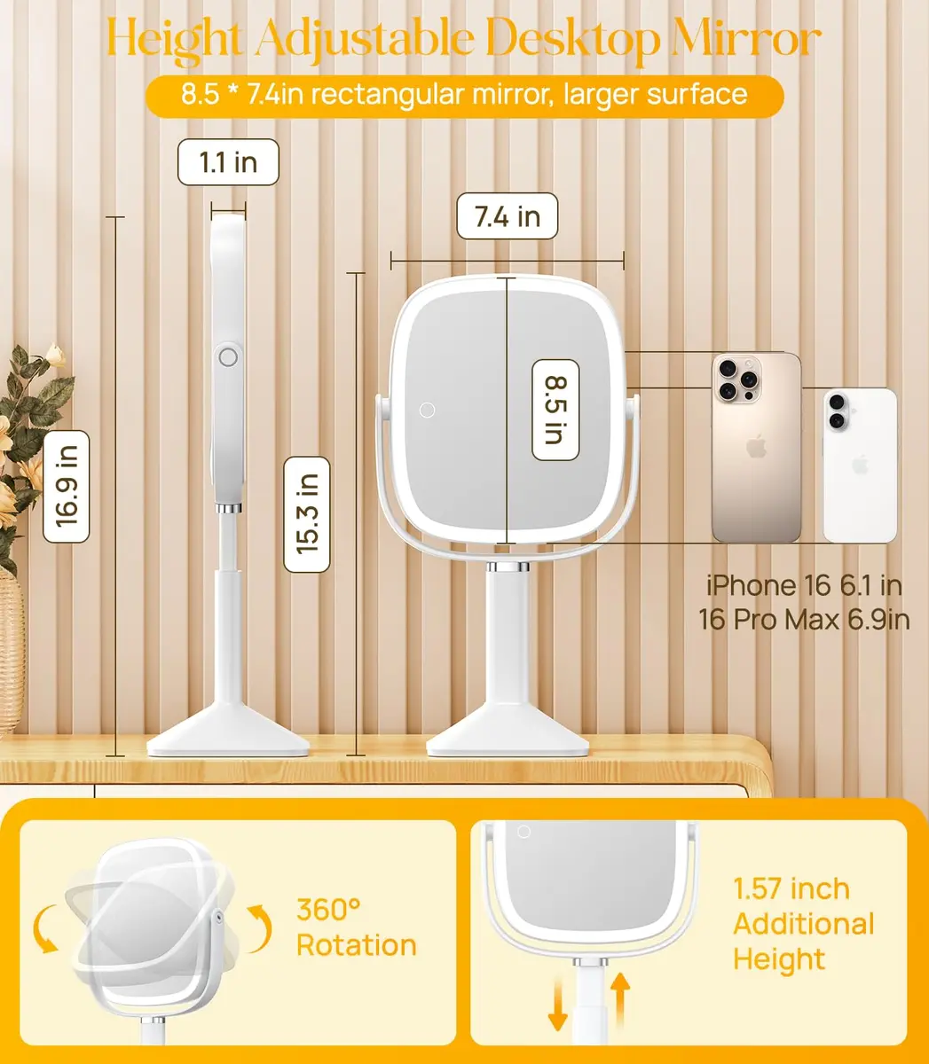 Gospire Rectangle Lighted Makeup Mirror with Lights 8.5"x7.4" | 1X/7X Magnification, Adjustable Height, Rechargeable - view 2