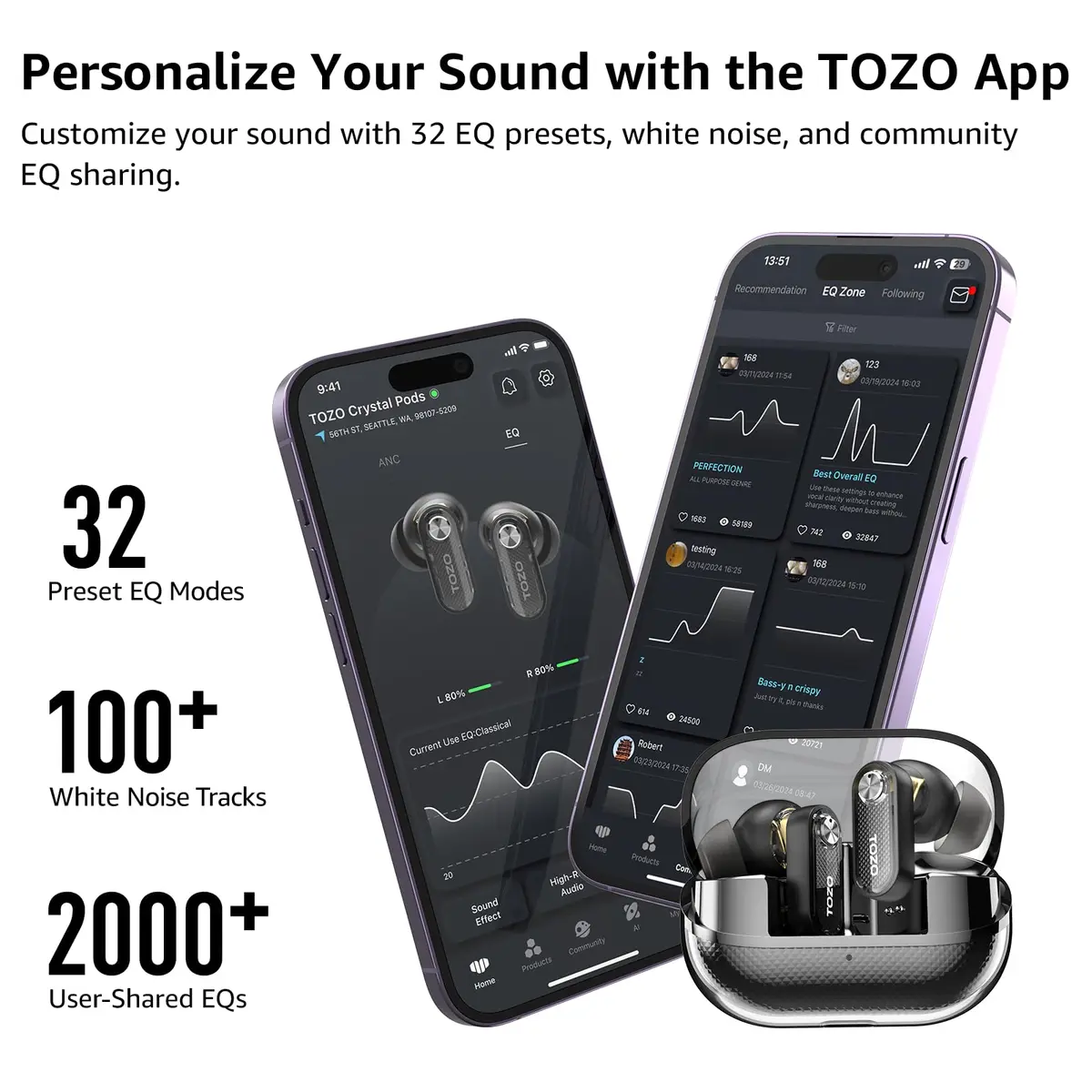 TOZO Crystal Pods Hybrid ANC Wireless Earbuds | 35H Playtime, Transparent Design, Bluetooth 5.4, IPX5 Waterproof - view 7
