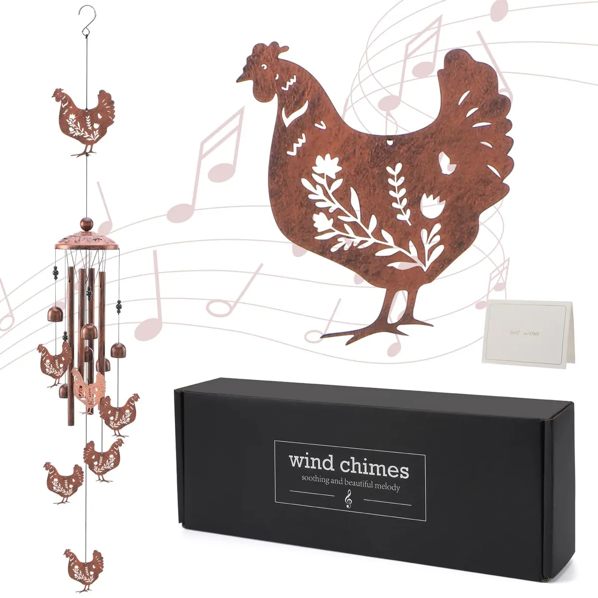 INCOK Chicken Wind Chimes for Outside - Metal Windchimes Outdoors Chicken Gifts Rooster Garden Decor with Greeting Card for Women Men Mom Grandma Birthday Home Patio Porch Backyard Yard Decoration | Garden - main product image