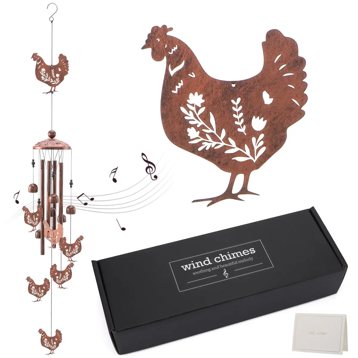 INCOK Chicken Wind Chimes for Outside - Metal Windchimes Outdoors Chicken Gifts Rooster Garden Decor with Greeting Card for Women Men Mom Grandma Birthday Home Patio Porch Backyard Yard Decoration | Garden - view 7
