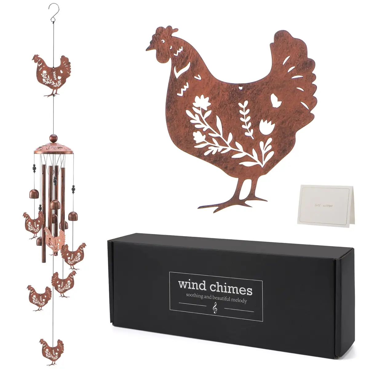 INCOK Chicken Wind Chimes for Outside - Metal Windchimes Outdoors Chicken Gifts Rooster Garden Decor with Greeting Card for Women Men Mom Grandma Birthday Home Patio Porch Backyard Yard Decoration | Garden - view 8