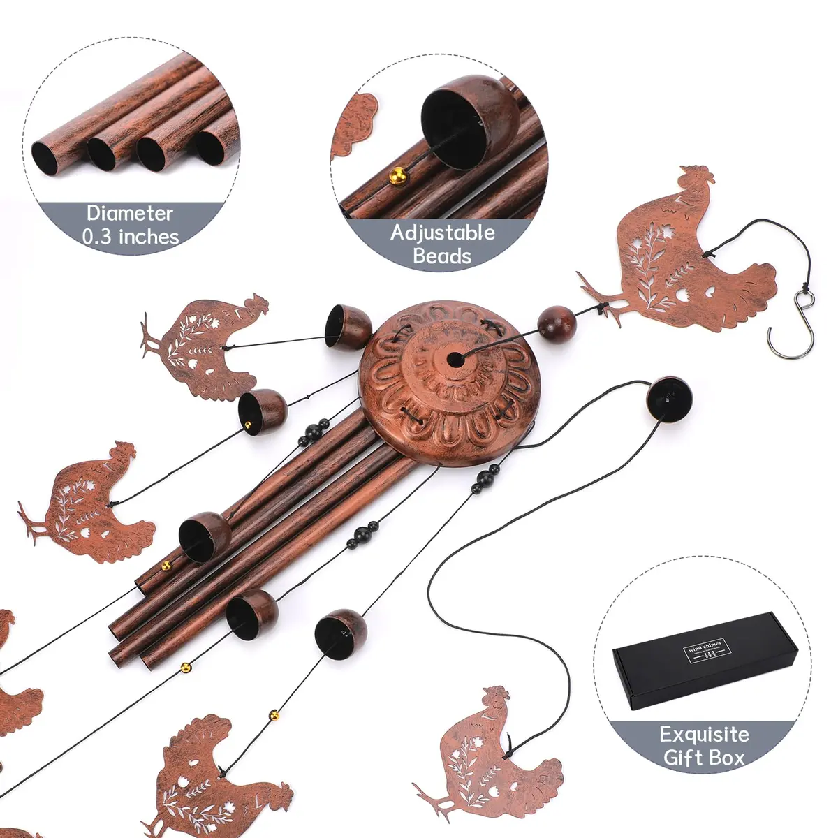 INCOK Chicken Wind Chimes for Outside - Metal Windchimes Outdoors Chicken Gifts Rooster Garden Decor with Greeting Card for Women Men Mom Grandma Birthday Home Patio Porch Backyard Yard Decoration | Garden - view 2