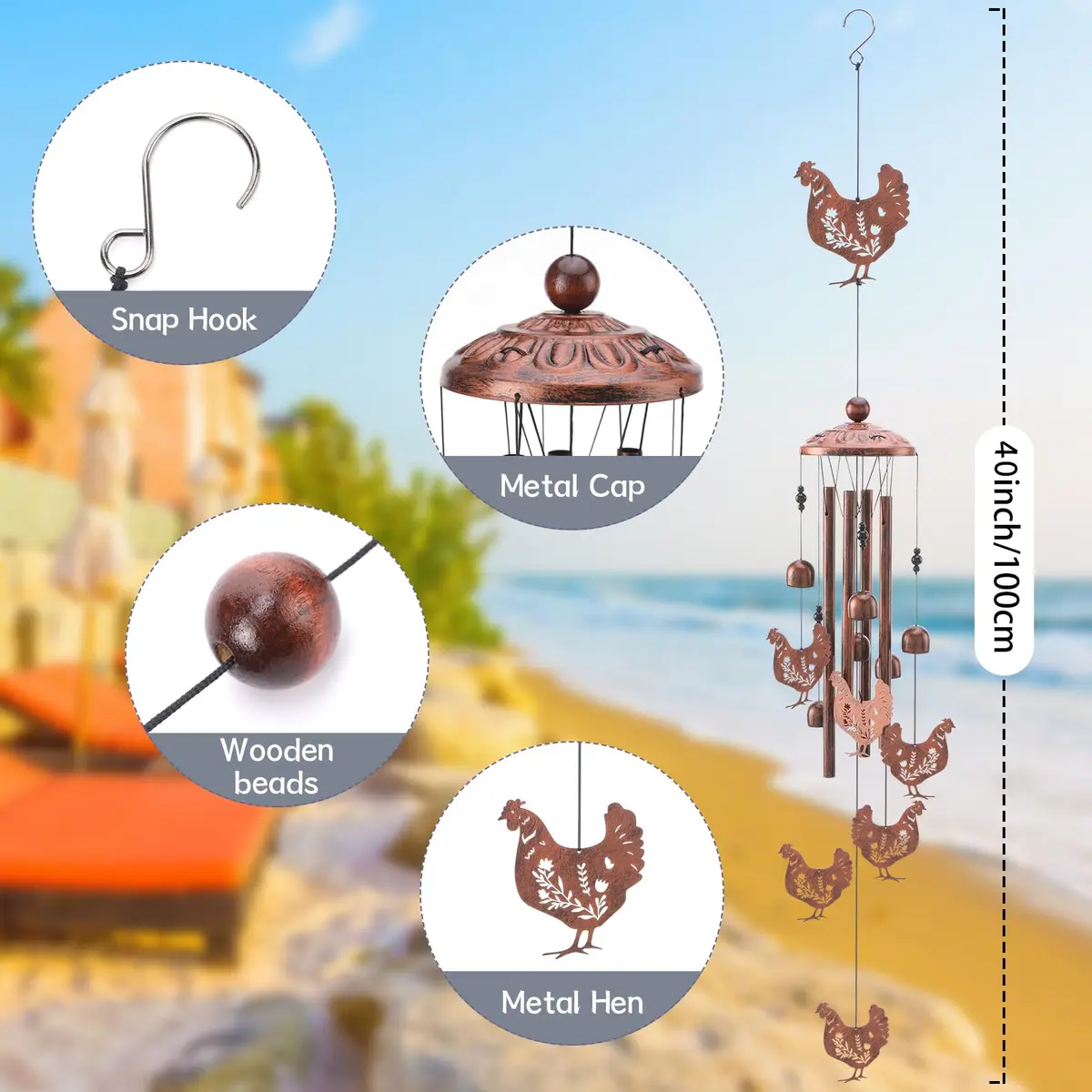 INCOK Chicken Wind Chimes for Outside - Metal Windchimes Outdoors Chicken Gifts Rooster Garden Decor with Greeting Card for Women Men Mom Grandma Birthday Home Patio Porch Backyard Yard Decoration | Garden - view 3