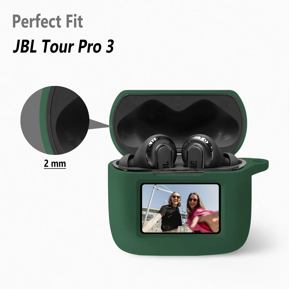 Geiomoo Emerald Green Silicone Case for JBL Tour Pro 3 Earbuds | Protective Cover with Carabiner - view 2