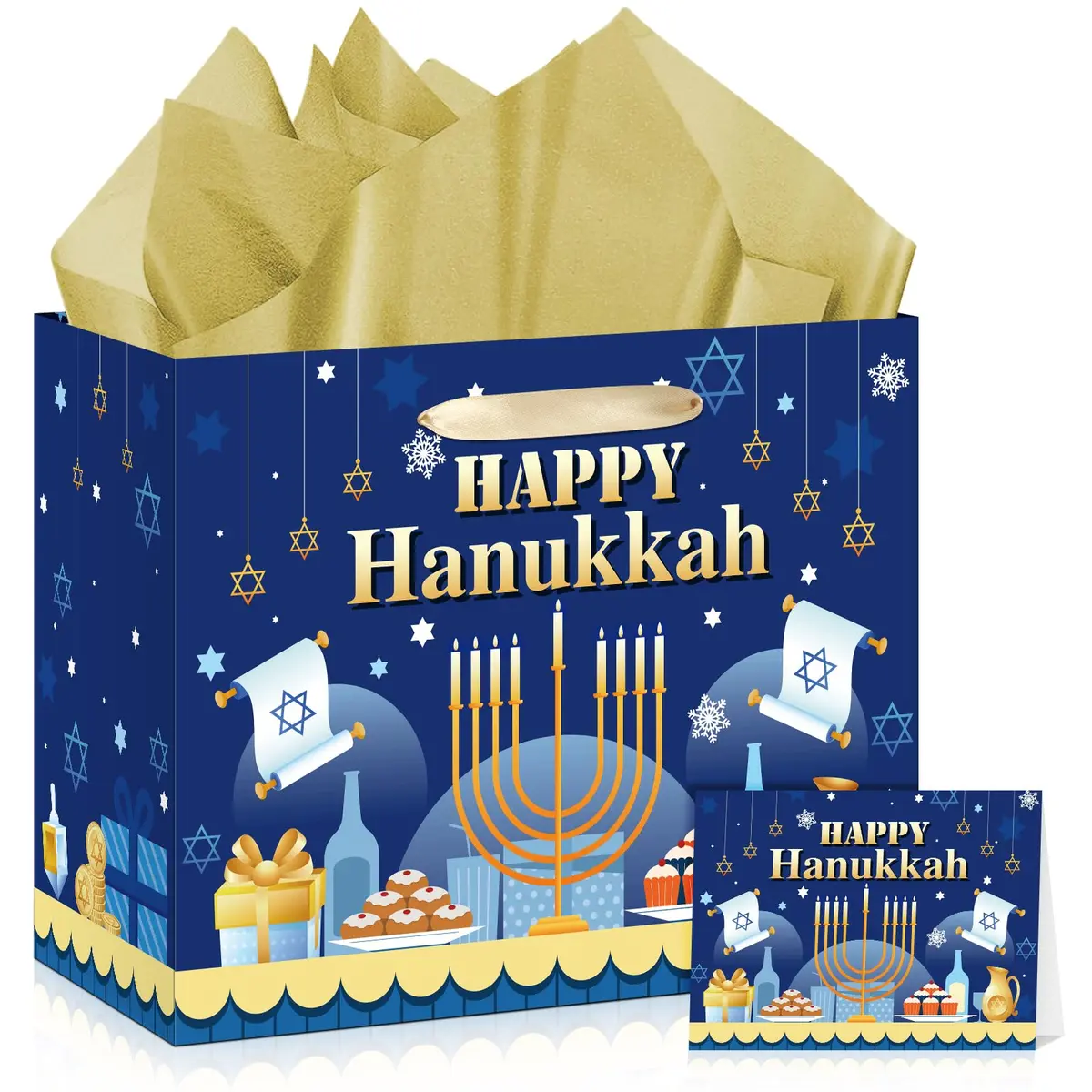 Yomaiha Hanukkah Gift Bag with Tissue & Greeting Card | Festive Jewish Menorah Star of David 11.8x9.4x5.3 inch - main product image