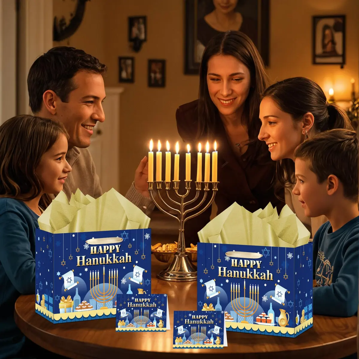 Yomaiha Hanukkah Gift Bag with Tissue & Greeting Card | Festive Jewish Menorah Star of David 11.8x9.4x5.3 inch - view 5