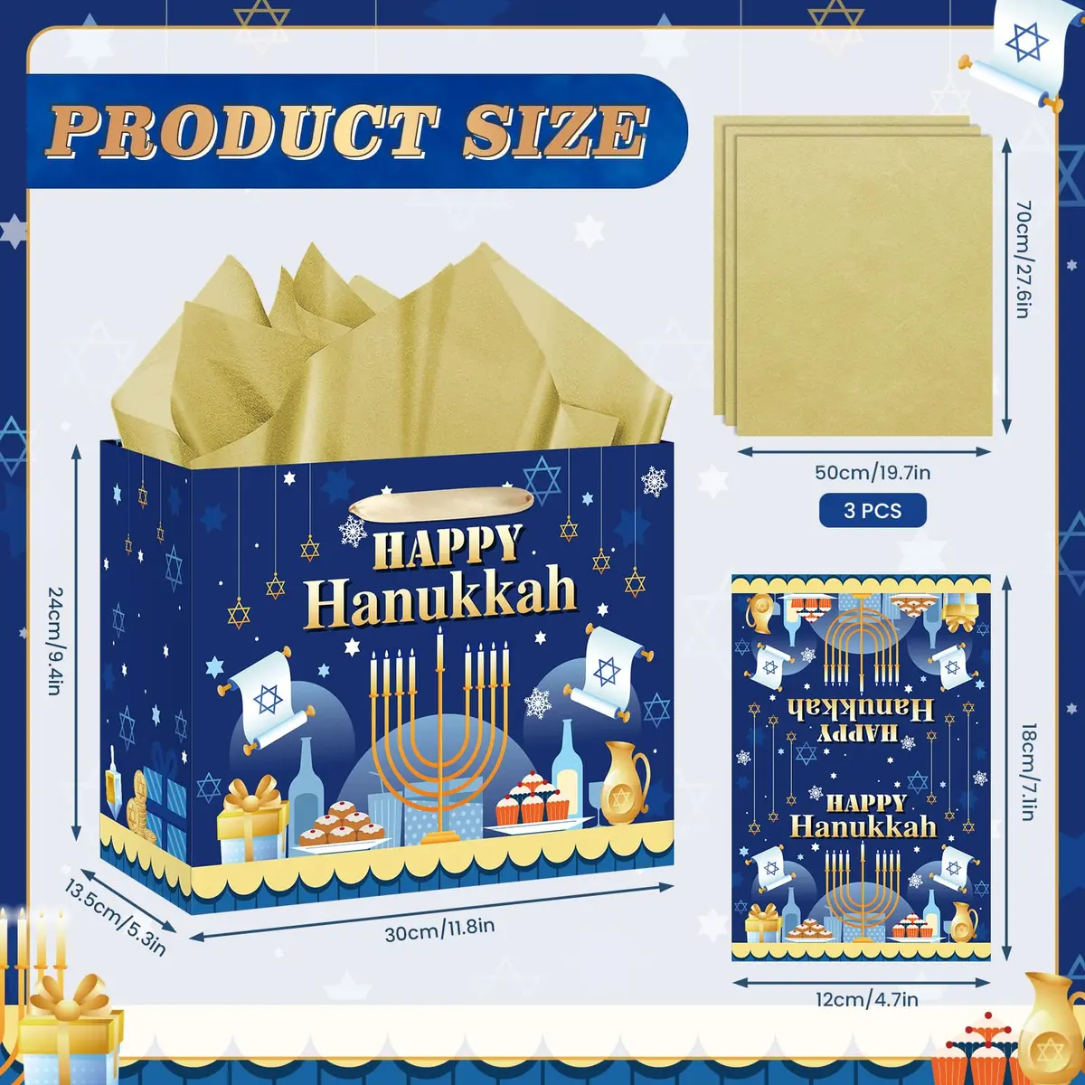 Yomaiha Hanukkah Gift Bag with Tissue & Greeting Card | Festive Jewish Menorah Star of David 11.8x9.4x5.3 inch - view 6