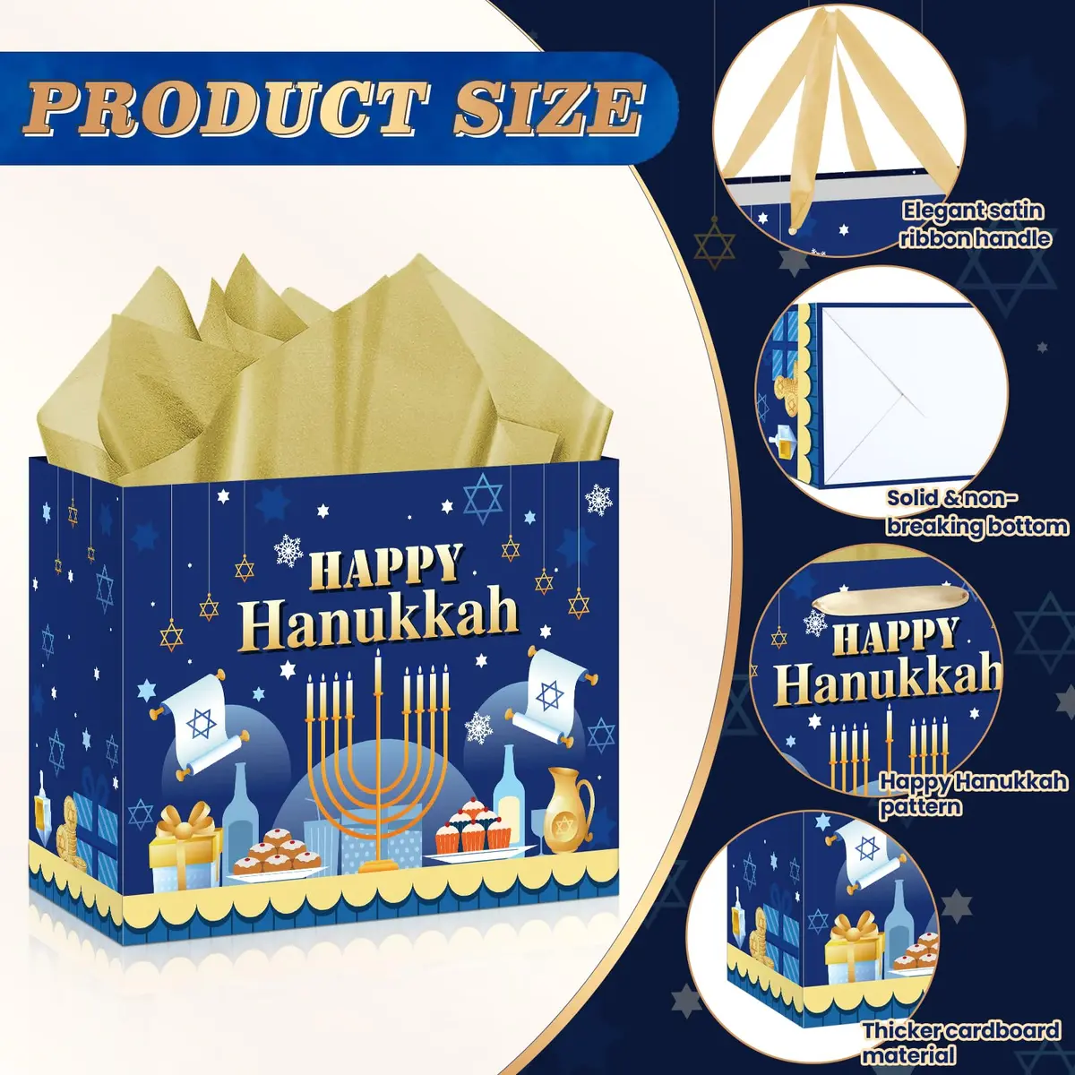 Yomaiha Hanukkah Gift Bag with Tissue & Greeting Card | Festive Jewish Menorah Star of David 11.8x9.4x5.3 inch - view 7