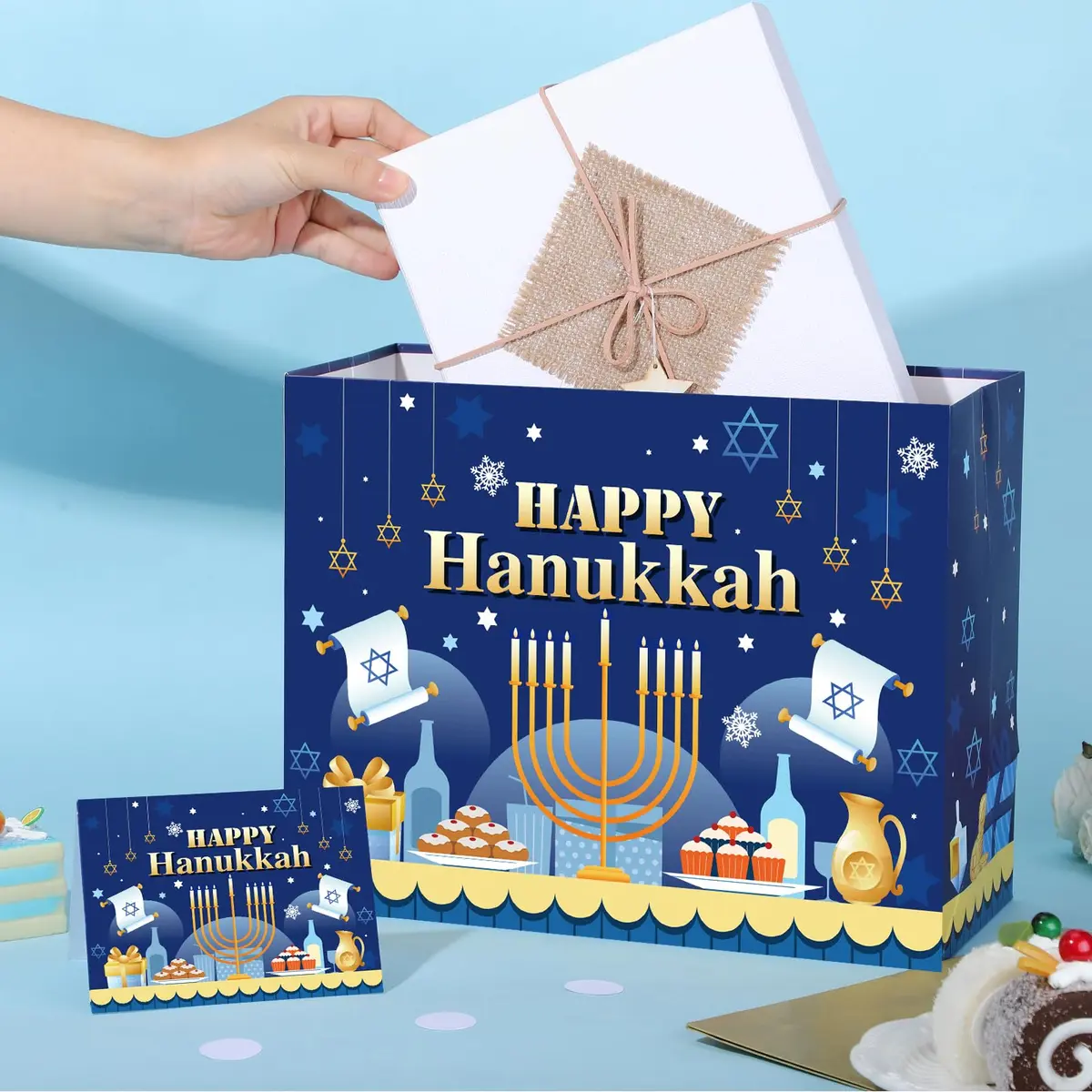 Yomaiha Hanukkah Gift Bag with Tissue & Greeting Card | Festive Jewish Menorah Star of David 11.8x9.4x5.3 inch - view 2