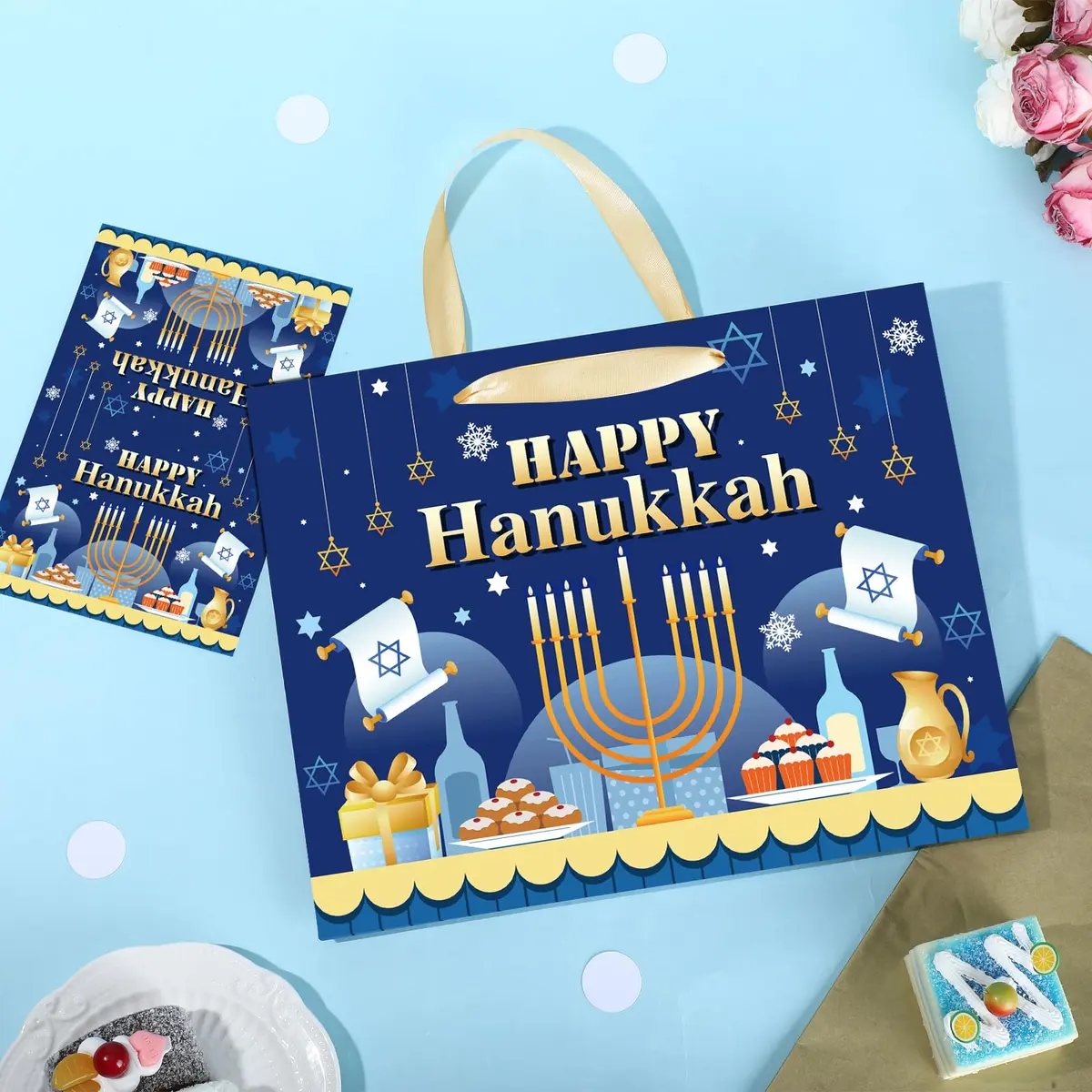 Yomaiha Hanukkah Gift Bag with Tissue & Greeting Card | Festive Jewish Menorah Star of David 11.8x9.4x5.3 inch - view 3
