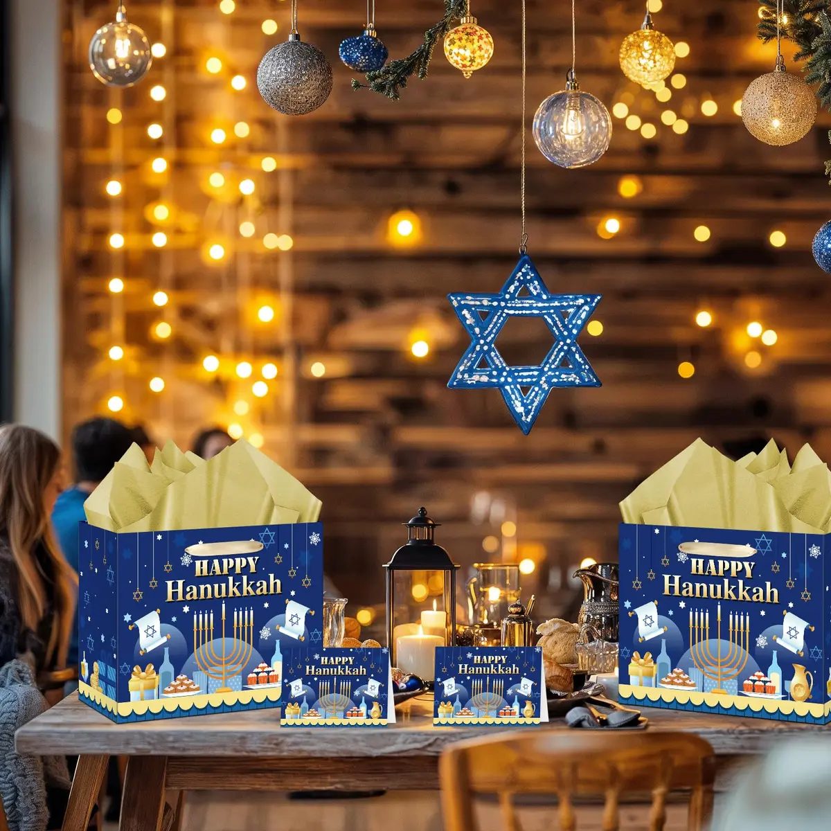 Yomaiha Hanukkah Gift Bag with Tissue & Greeting Card | Festive Jewish Menorah Star of David 11.8x9.4x5.3 inch - view 4