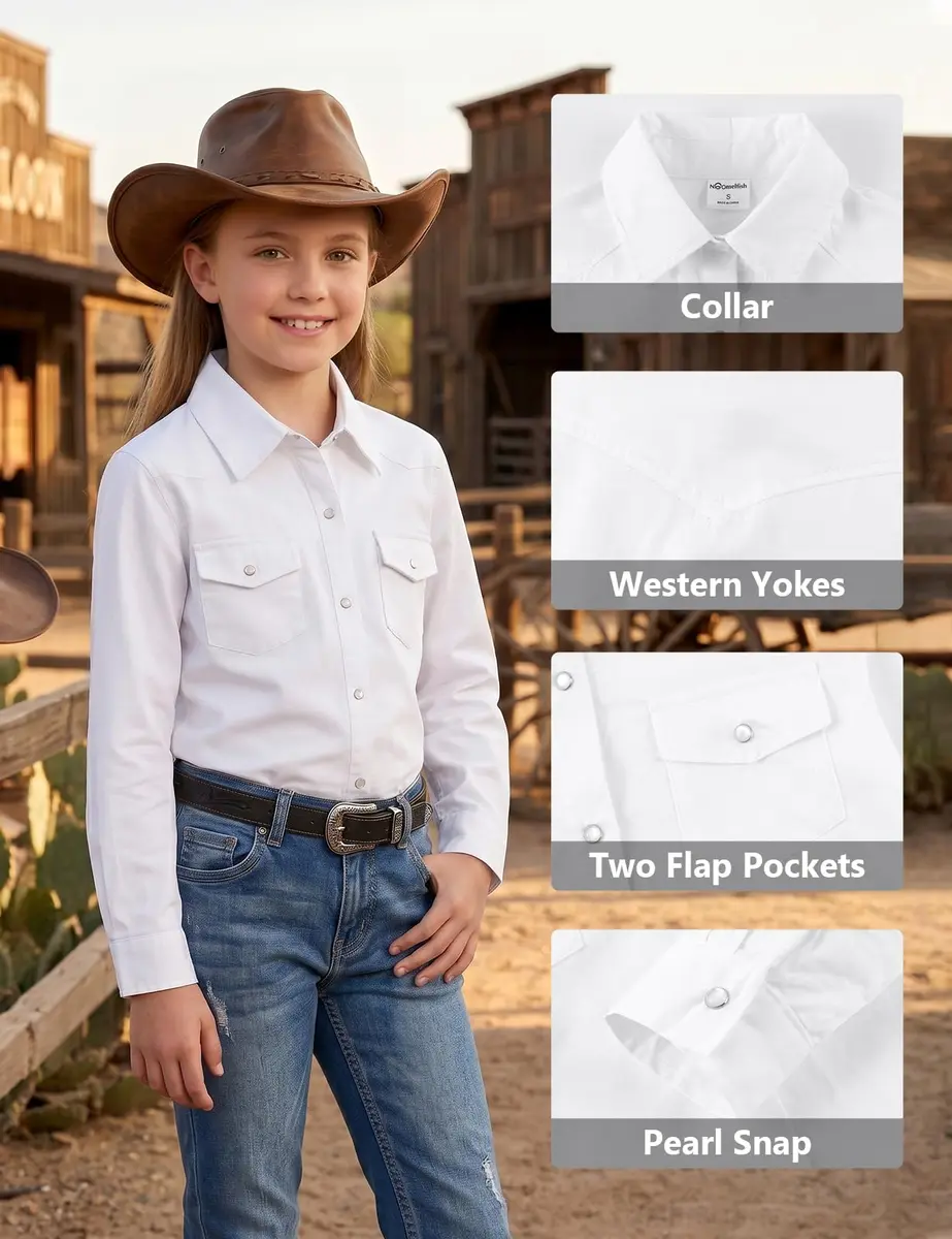 Noomelfish Girls Button-Down Western Shirt 9-10Y | Cowgirl Long Sleeve Cotton - view 3