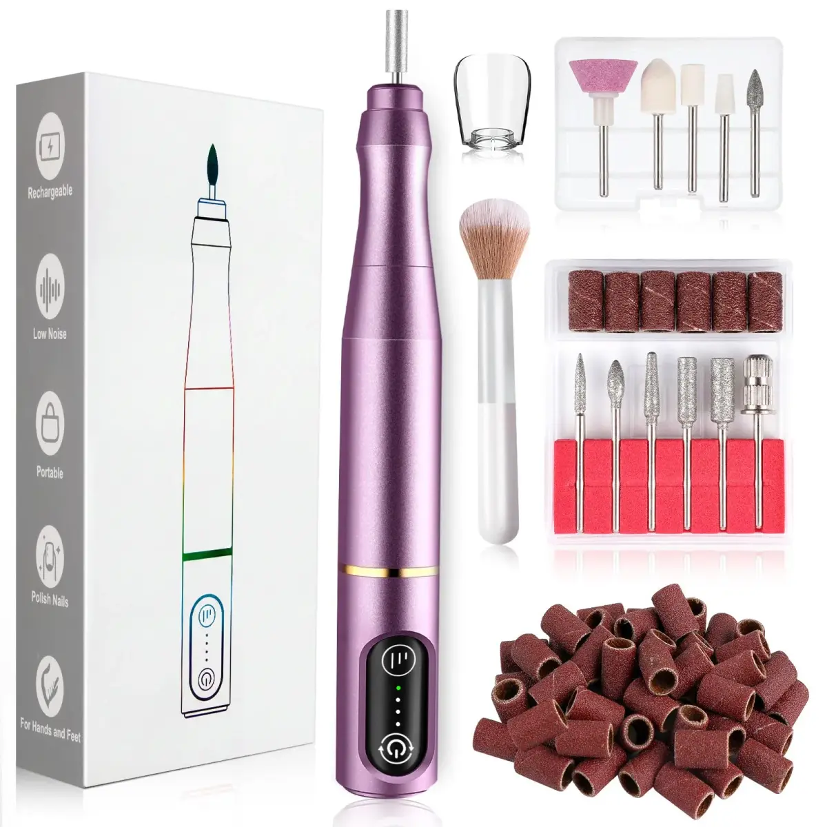 TUOBEO Cordless Nail Drill Electric Nail File Kit, Rechargeable Efile Set with 11 Bits & 56 Bands, Purple - main product image