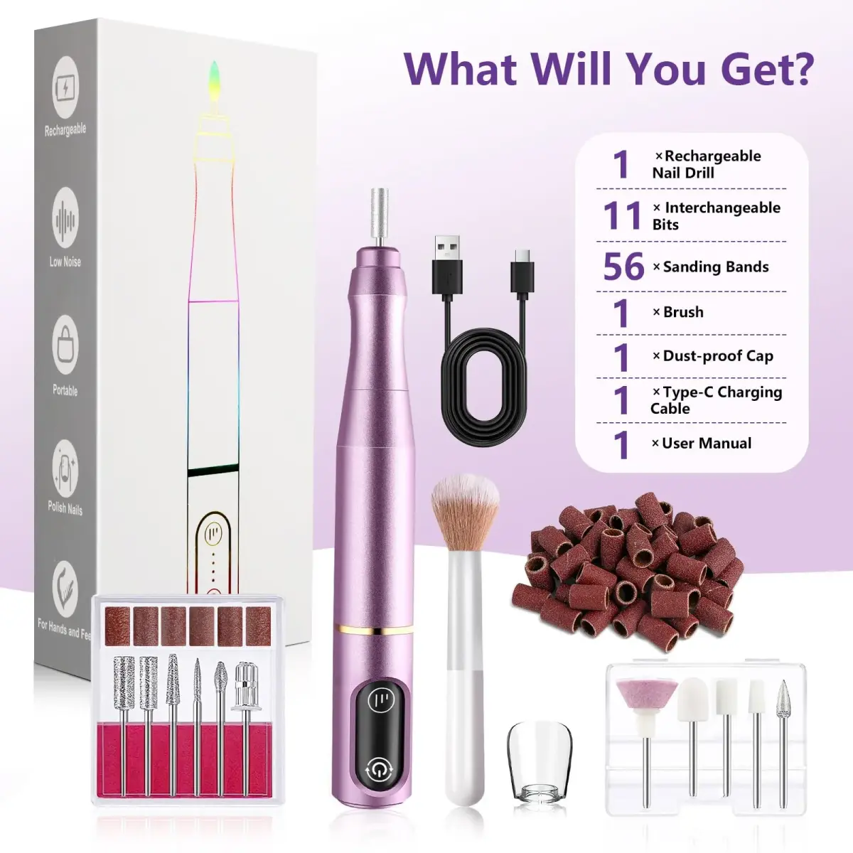 TUOBEO Cordless Nail Drill Electric Nail File Kit, Rechargeable Efile Set with 11 Bits & 56 Bands, Purple - view 9