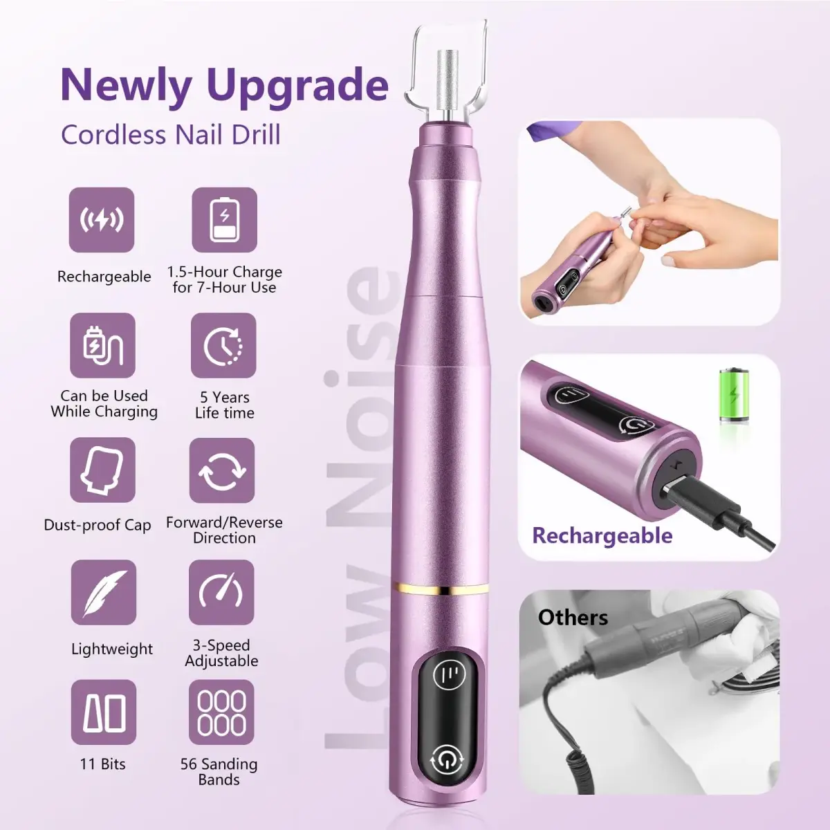 TUOBEO Cordless Nail Drill Electric Nail File Kit, Rechargeable Efile Set with 11 Bits & 56 Bands, Purple - view 4