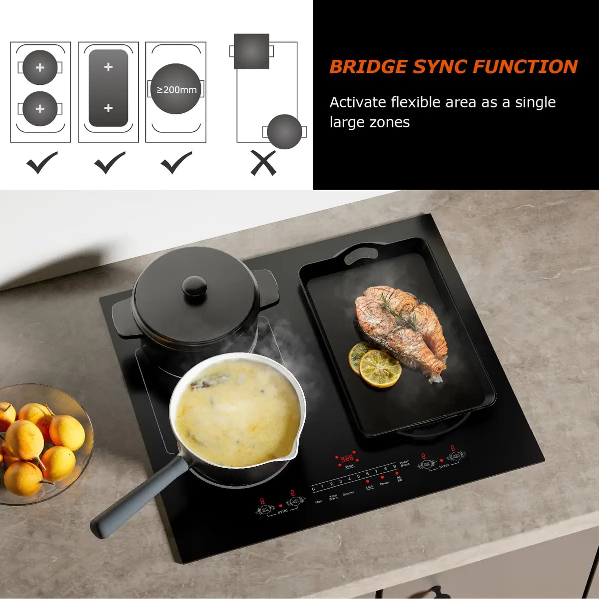 BIGoods 24 Inch Induction Cooktop 4 Burners | Flat Glass Top Electric Stove with Bridge-SYNC, Booster, Timer, Child Lock - view 3