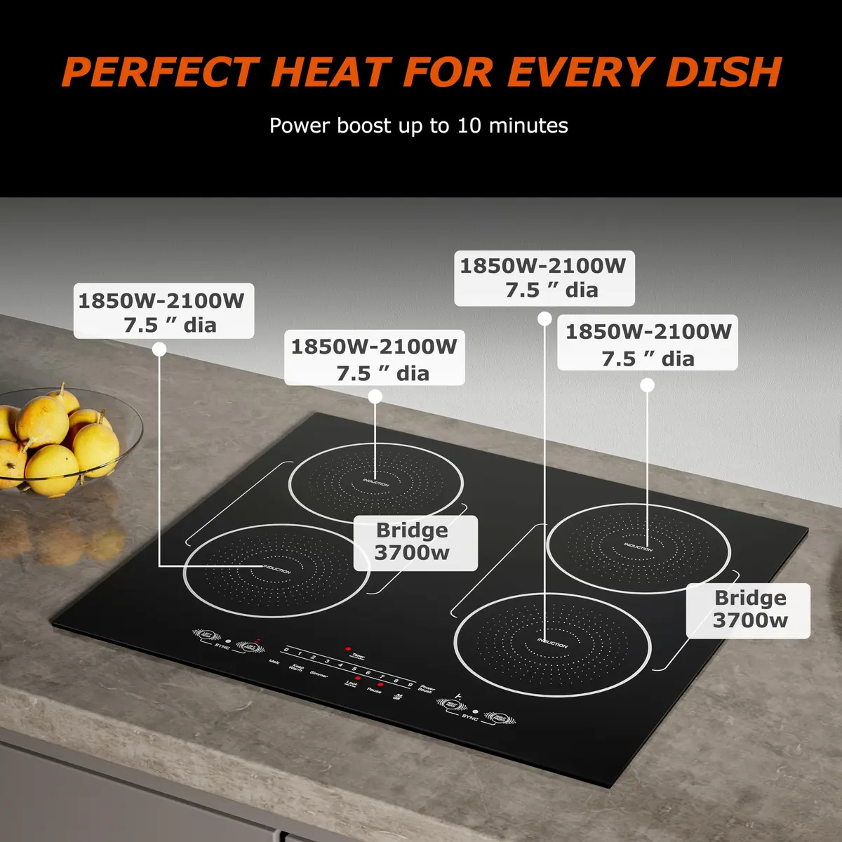 BIGoods 24 Inch Induction Cooktop 4 Burners | Flat Glass Top Electric Stove with Bridge-SYNC, Booster, Timer, Child Lock - view 4
