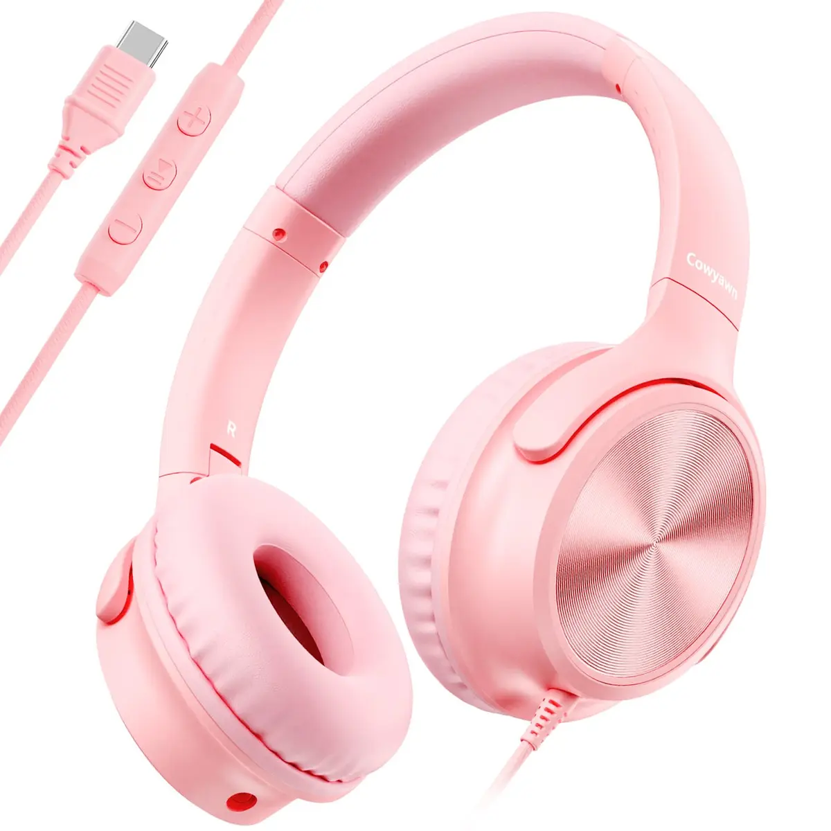 Cowyawn USB C Wired Over-Ear Headphones with Mic, HD Stereo Sound, Foldable, Pink | Noise Isolation - main product image