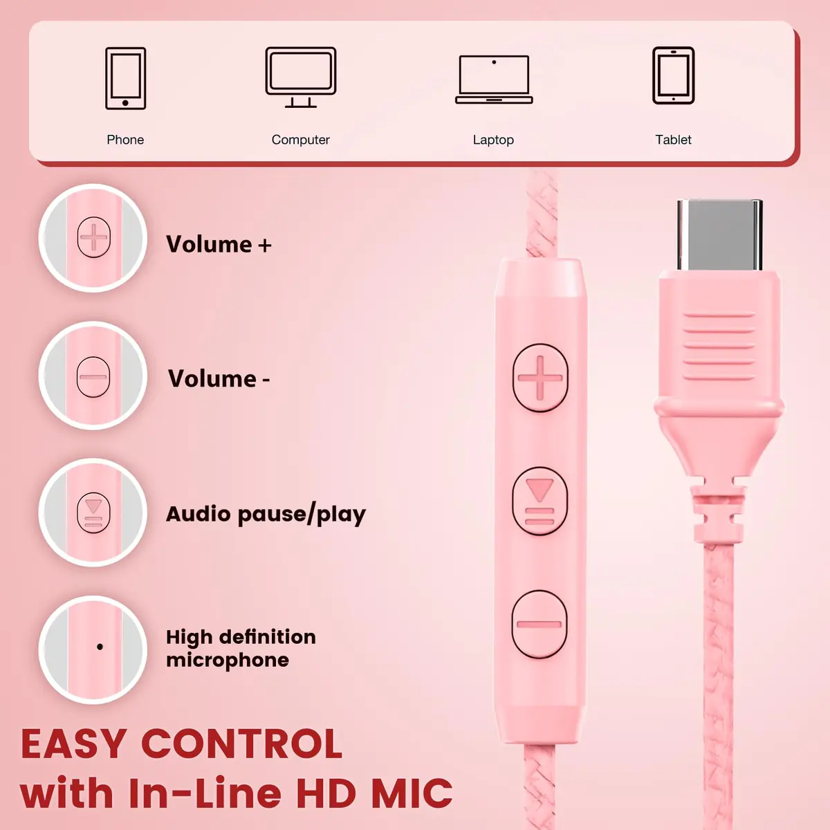 Cowyawn USB C Wired Over-Ear Headphones with Mic, HD Stereo Sound, Foldable, Pink | Noise Isolation - view 5