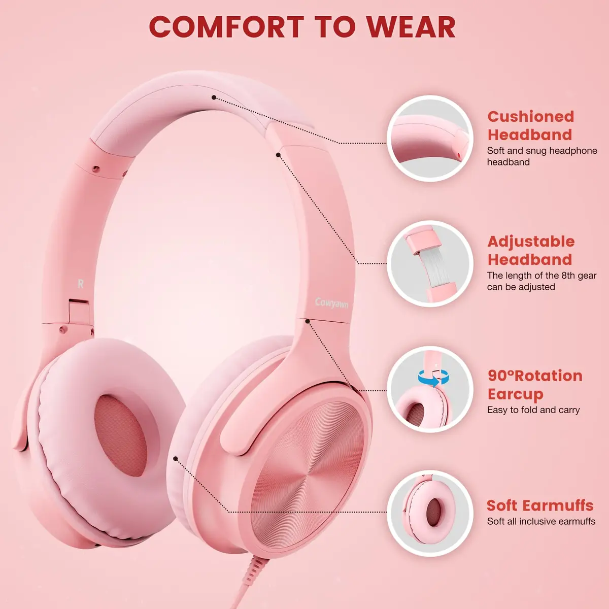 Cowyawn USB C Wired Over-Ear Headphones with Mic, HD Stereo Sound, Foldable, Pink | Noise Isolation - view 3