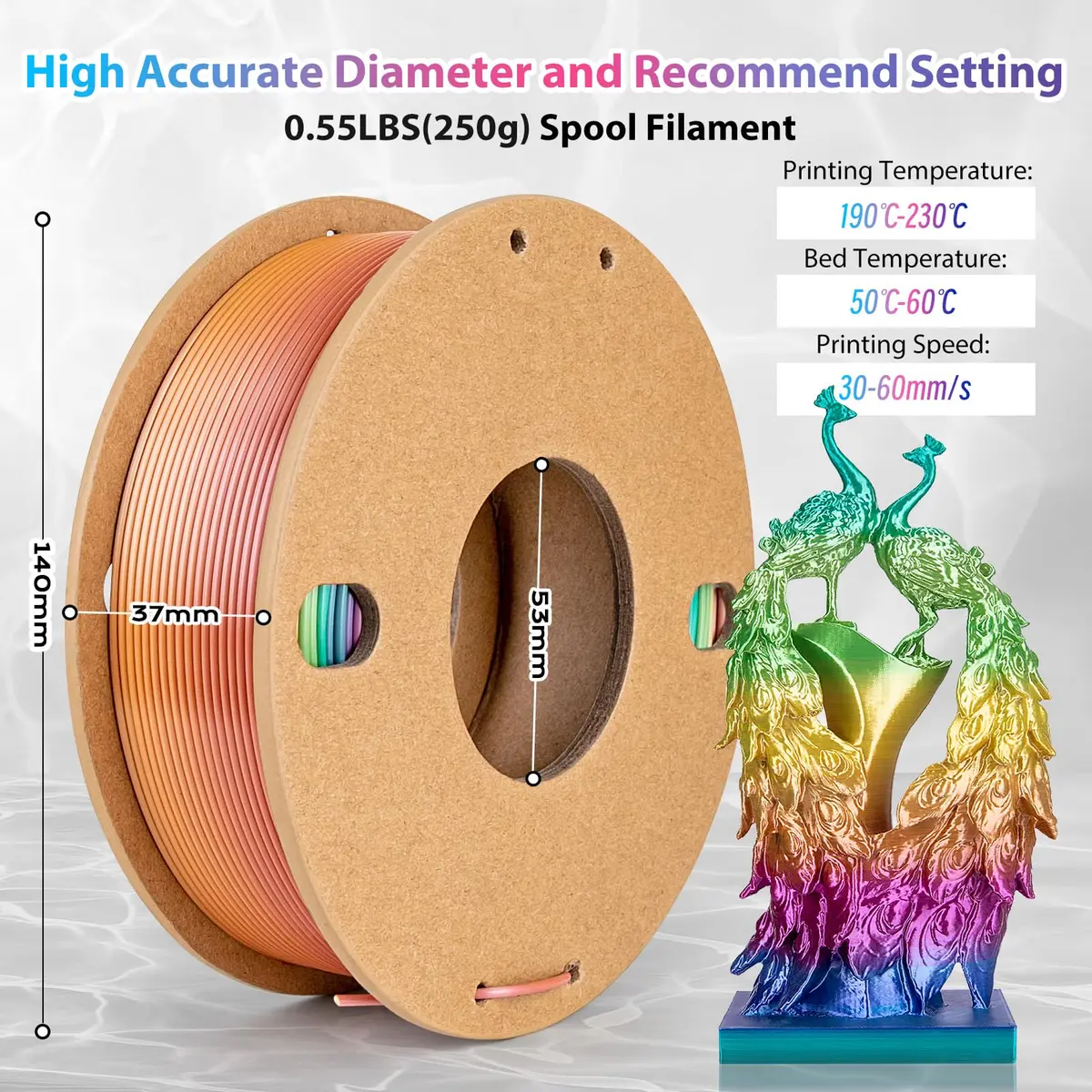 3Dgenius Silk Rainbow PLA Filament 1.75mm 250g | Color Changing, High Gloss Gradient - view 6