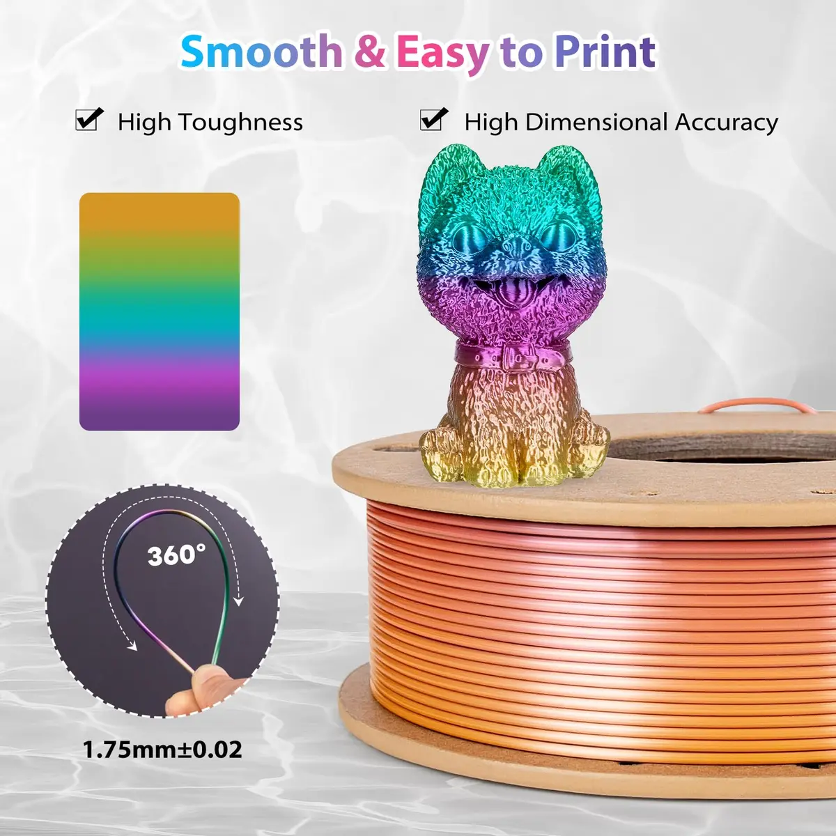 3Dgenius Silk Rainbow PLA Filament 1.75mm 250g | Color Changing, High Gloss Gradient - view 2