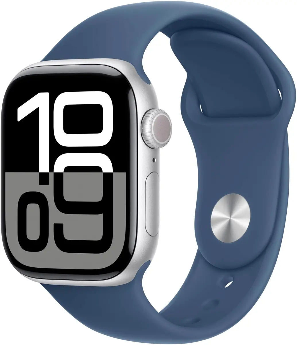 Apple Watch Series 10 [GPS, 46mm] - Silver Aluminum Case with Denim Sport Band, S/M (Renewed) | 64GB Storage - main product image