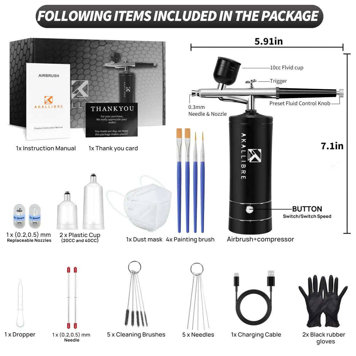AKALLIBRE Airbrush Kit with Compressor, 48PSI High-Pressure Non-Clogging, 1200mAh Battery | Cordless Dual-Action Gravity Feed - view 2