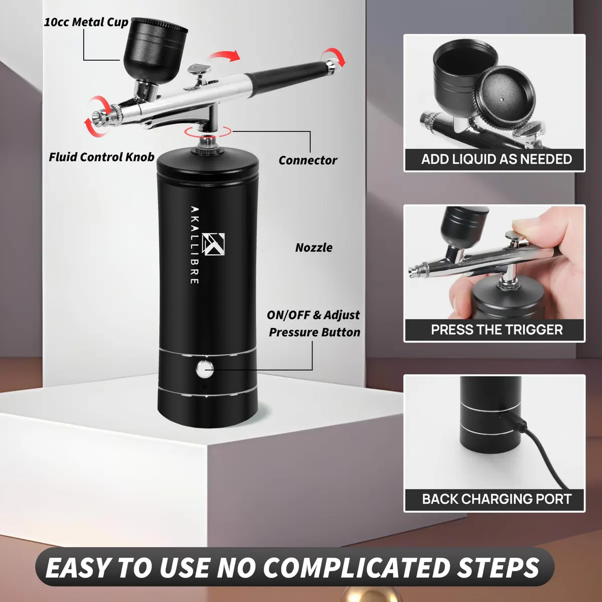AKALLIBRE Airbrush Kit with Compressor, 48PSI High-Pressure Non-Clogging, 1200mAh Battery | Cordless Dual-Action Gravity Feed - view 3