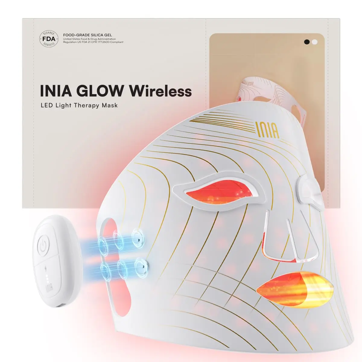 INIA GLOW Wireless Red Light Therapy Mask for Face, 850nm NIR, 272 LEDs | Cordless, Portable, 3 Light Modes - main product image