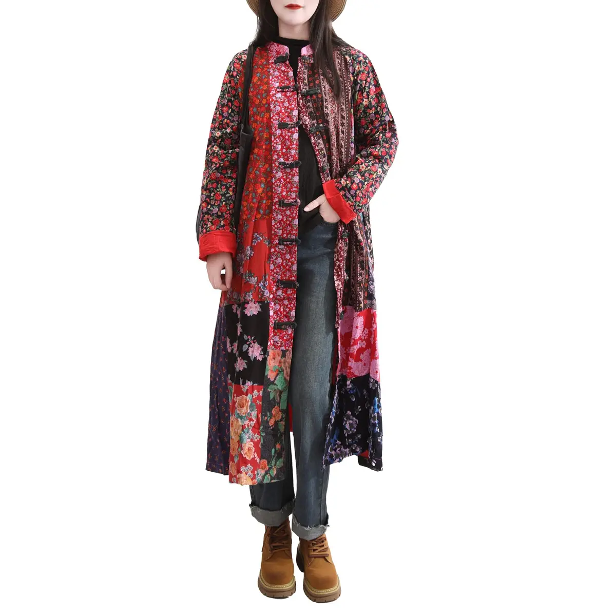 LUZU JUNU Women's Floral Patchwork Trench Coat | Bohemian Long Linen Cotton Jacket (X-Large) - main product image