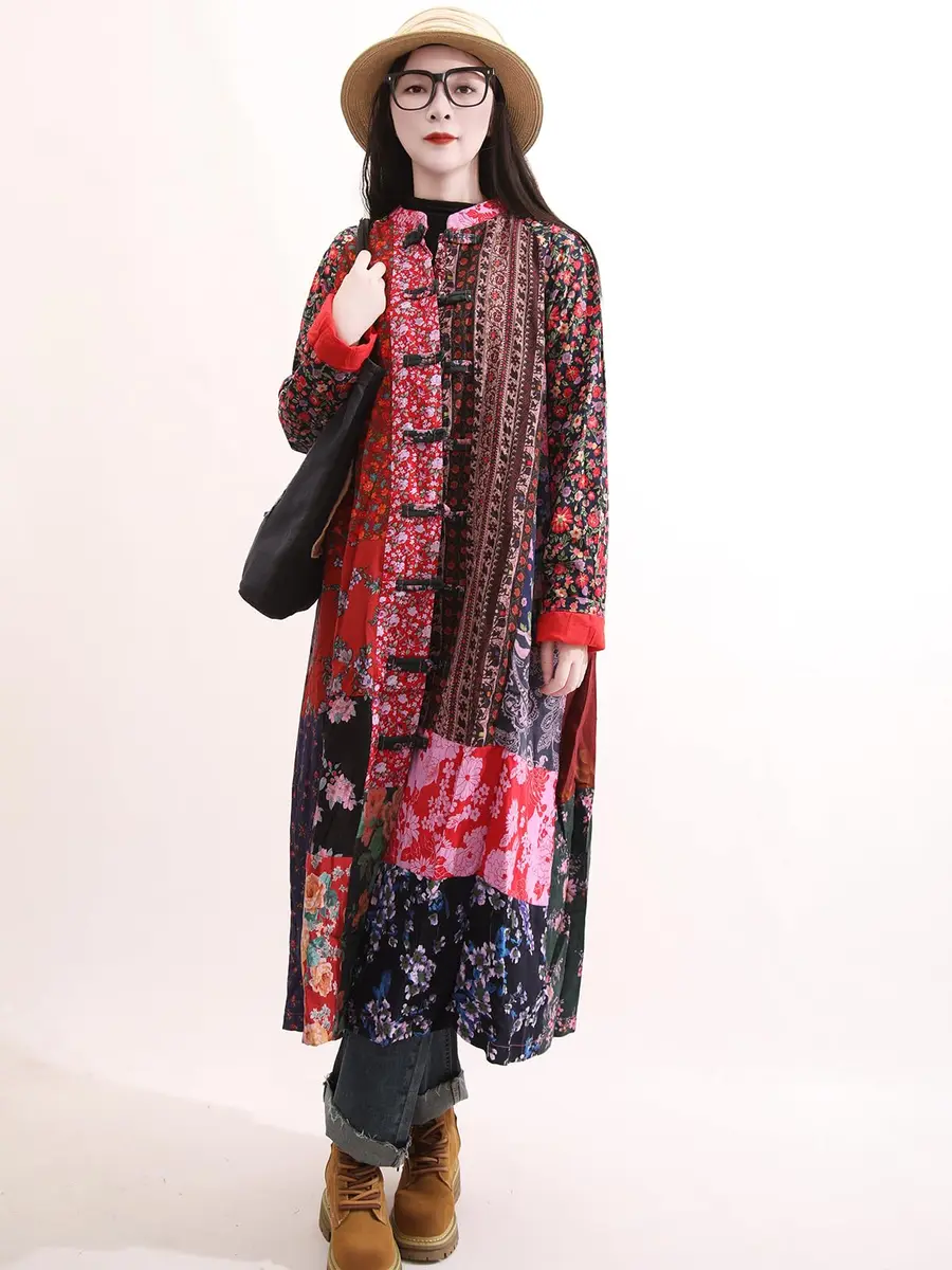 LUZU JUNU Women's Floral Patchwork Trench Coat | Bohemian Long Linen Cotton Jacket (X-Large) - view 5