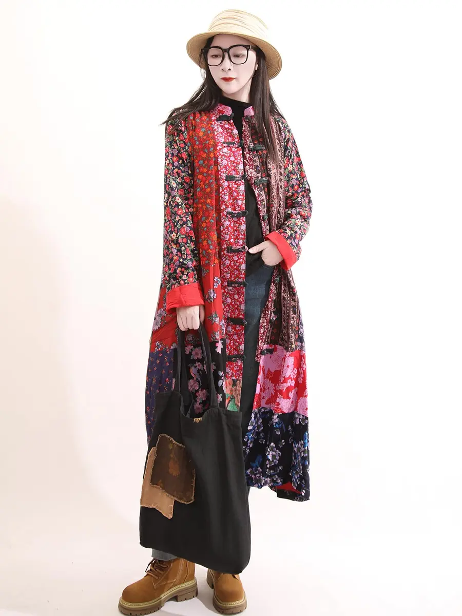 LUZU JUNU Women's Floral Patchwork Trench Coat | Bohemian Long Linen Cotton Jacket (X-Large) - view 6
