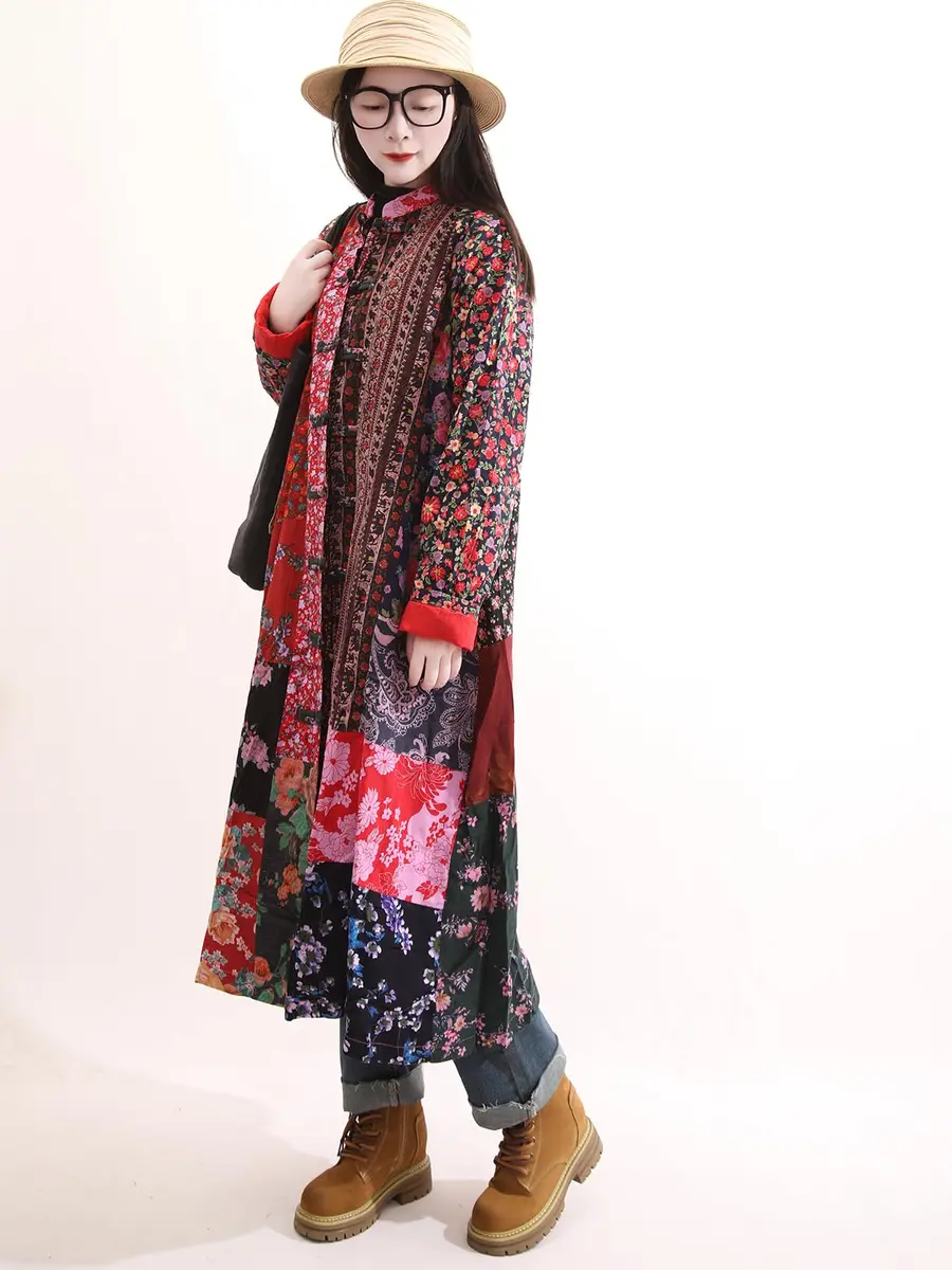 LUZU JUNU Women's Floral Patchwork Trench Coat | Bohemian Long Linen Cotton Jacket (X-Large) - view 7