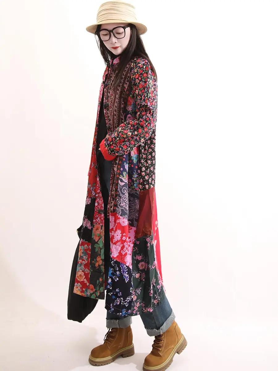 LUZU JUNU Women's Floral Patchwork Trench Coat | Bohemian Long Linen Cotton Jacket (X-Large) - view 2
