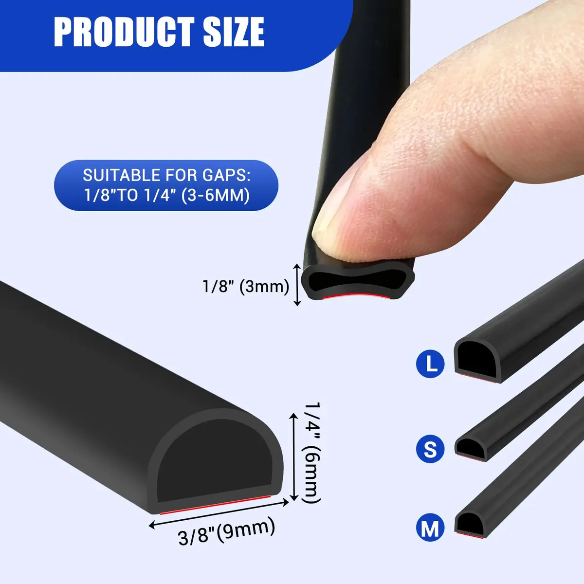 Protalwell Black Silicone Weather Stripping Door Seal 6.35mm (1/4") T × 9.53mm (3/8") W | Seals Gaps & Reduces Noise - view 2