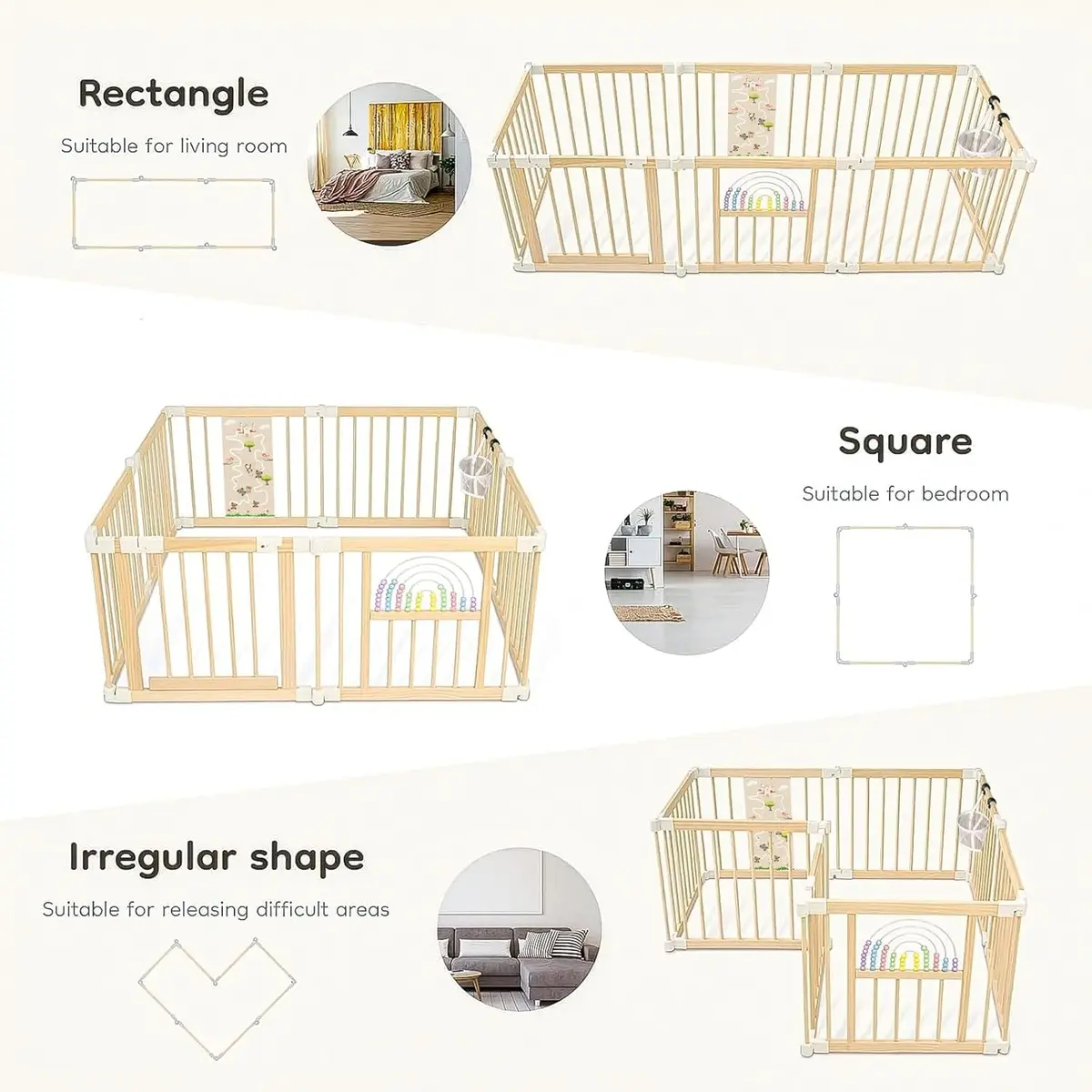 Ulnxiy Wooden Baby Playpen with Toy 56"x56" | Foldable Play Yard for Toddlers - view 5