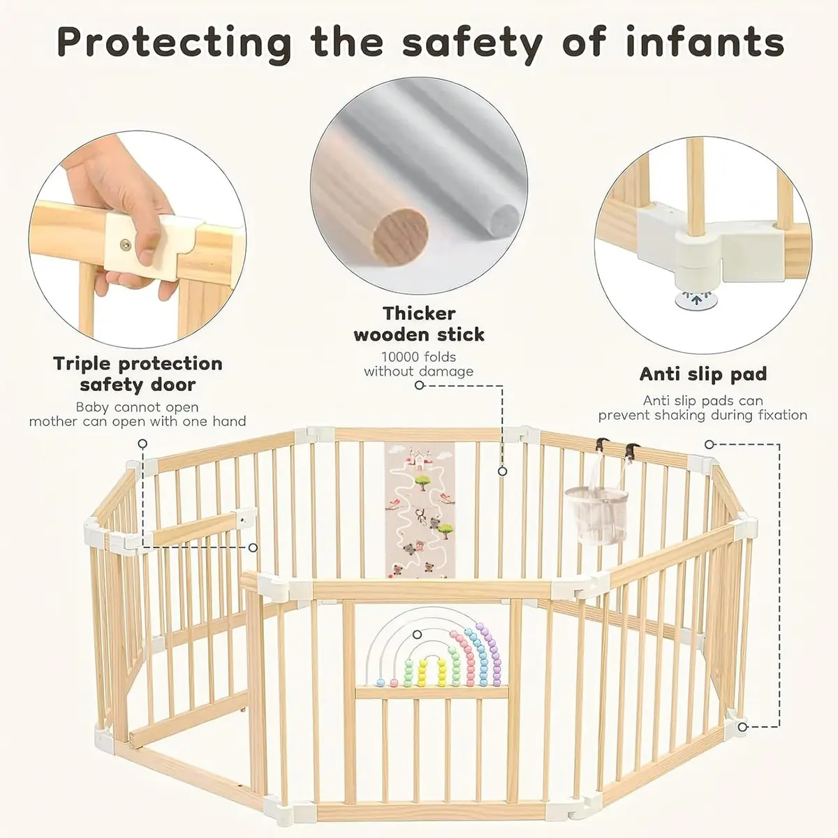 Ulnxiy Wooden Baby Playpen with Toy 56"x56" | Foldable Play Yard for Toddlers - view 6