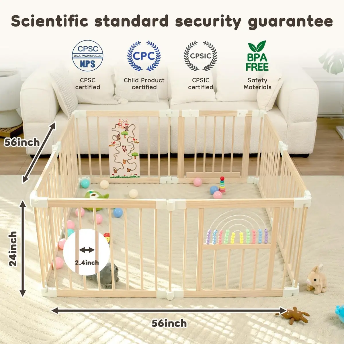 Ulnxiy Wooden Baby Playpen with Toy 56"x56" | Foldable Play Yard for Toddlers - view 2