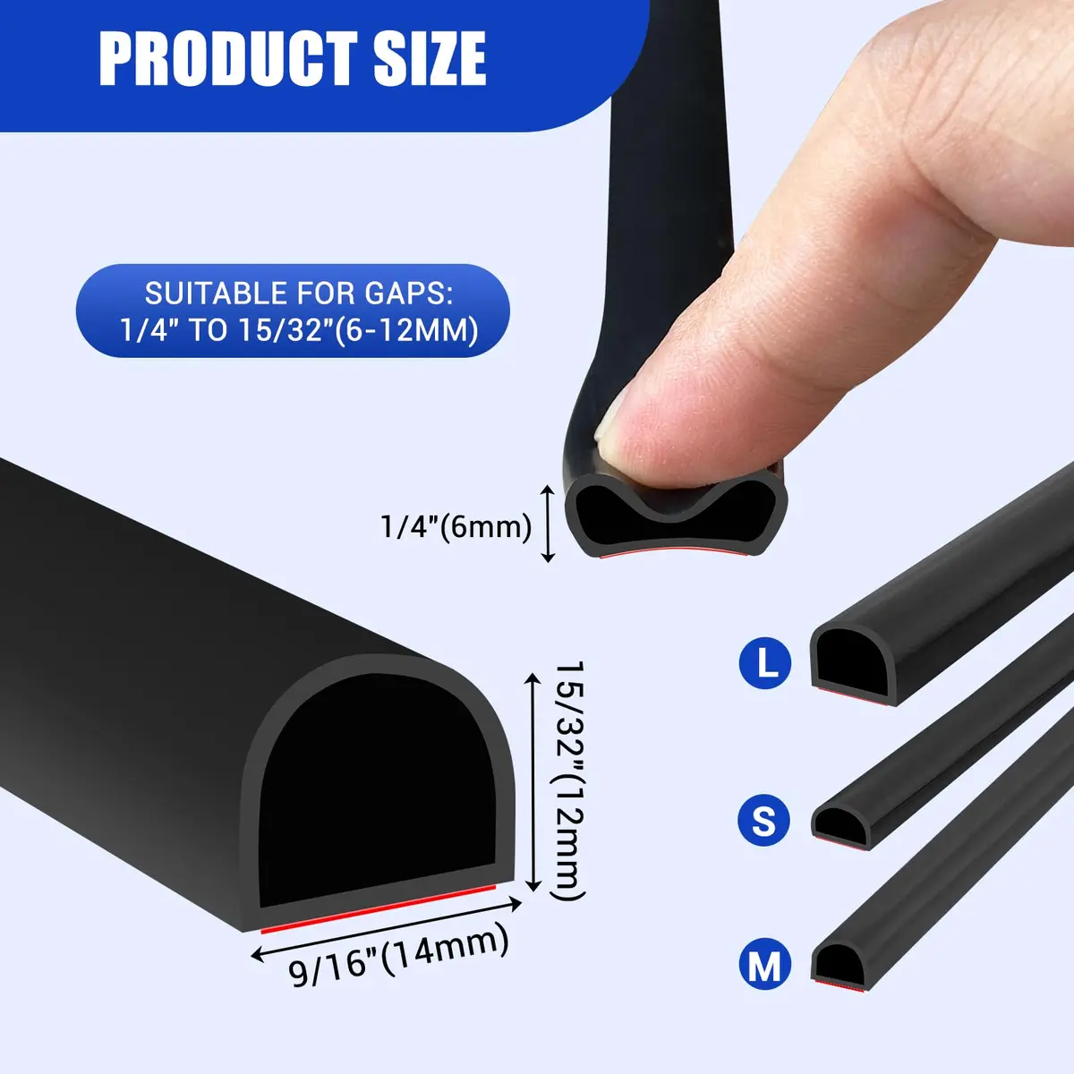 Protalwell Black Silicone D-Shaped Weather Stripping Seal 20ft (15.24m) | Seals Gaps Up to 15/32" (12mm) - view 2