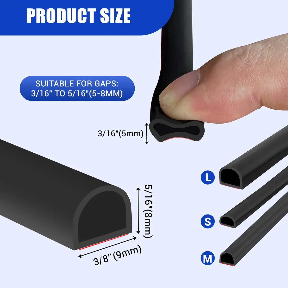Protalwell D-Shaped Silicone Weather Stripping 6.35mm (3/8") W × 5.08mm (5/16") T — 6.1m (20FT) Roll | Seals Gaps & Reduces Noise - view 2