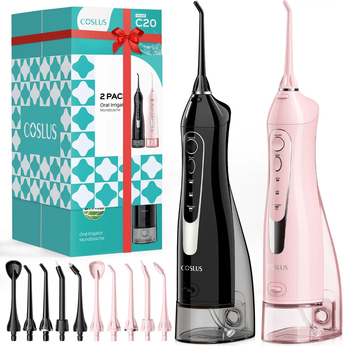 COSLUS C20 Water Dental Flosser 2-Pack 300ml Tank | ADA Accepted, Rechargeable, IPX7 Waterproof - main product image