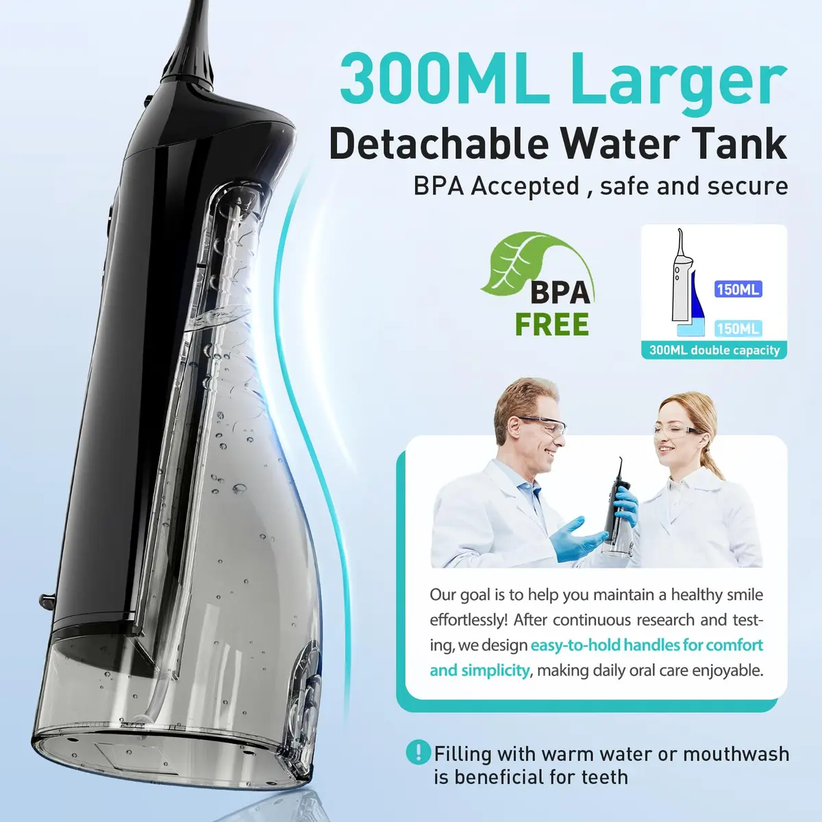 COSLUS C20 Water Dental Flosser 2-Pack 300ml Tank | ADA Accepted, Rechargeable, IPX7 Waterproof - view 7